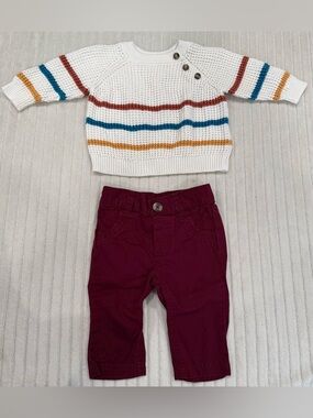 Cat & Jack Striped Knit Sweater and Maroon Pants Set 0-3 Months